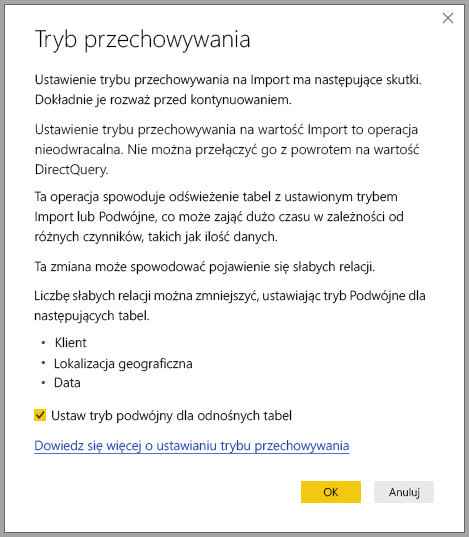 Zrzut ekranu przedstawiający okno ostrzegawcze opisujące wyniki zmiany trybu przechowywania na Import.