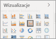 Zrzut ekranu przedstawiający okienko Wizualizacje z wywołaną linią i ikoną skumulowanego wykresu kolumnowego.
