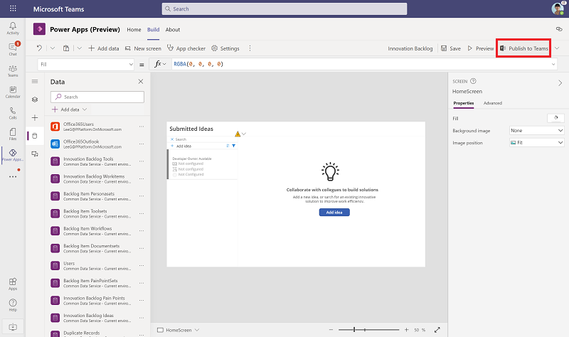 Publikowanie aplikacji Innovation Backlog w usłudze Teams.
