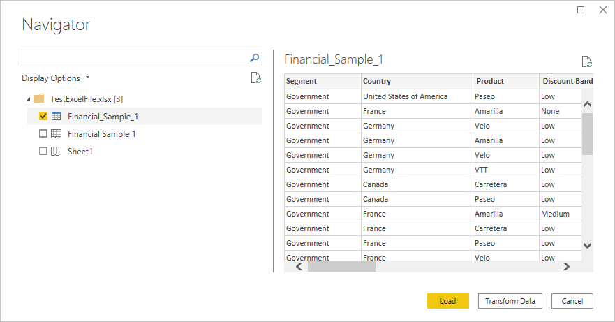 Skoroszyt programu Excel zaimportowany do nawigatora programu Power Query Desktop.