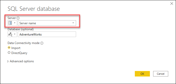 Okno dialogowe bazy danych programu SQL Server z parametrem dla nazwy serwera.