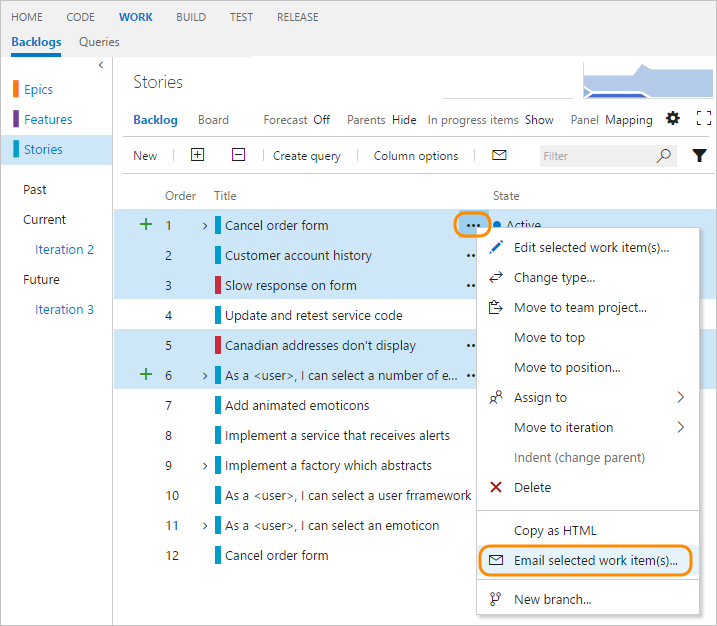 Screenshot of backlog, context menu, Email... options, TFS 2017 version.