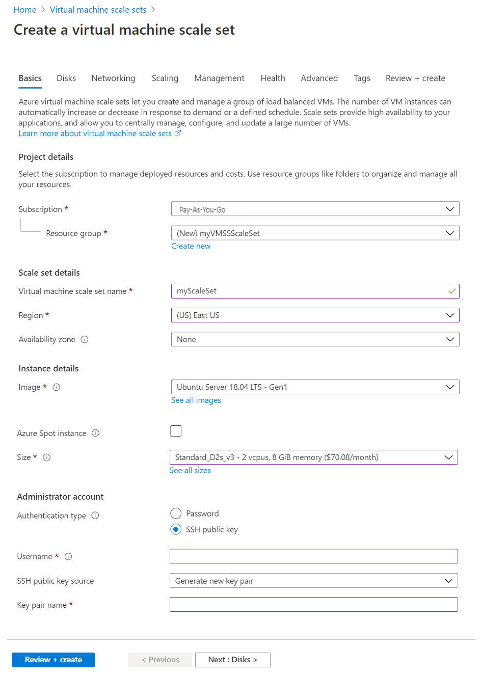 Obraz przedstawia opcje tworzenia zestawów skalowania w witrynie Azure Portal.