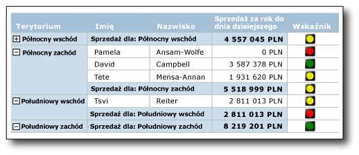 Raport ze wskaźnikami w wierszach tabeli