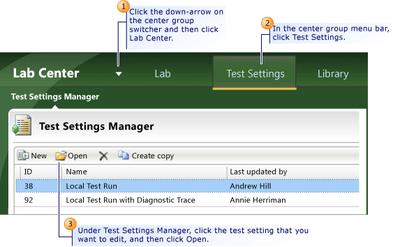 Editing an existing test settings