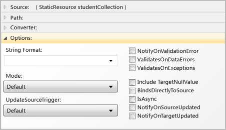 Options pane of the data binding builder