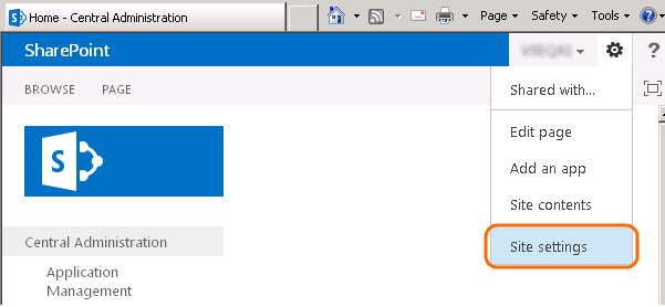 Otwórz okno Ustawienia witryny programu SharePoint 2013 PS