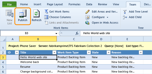 Publikowanie elementów pracy z programu Excel do programu TFS