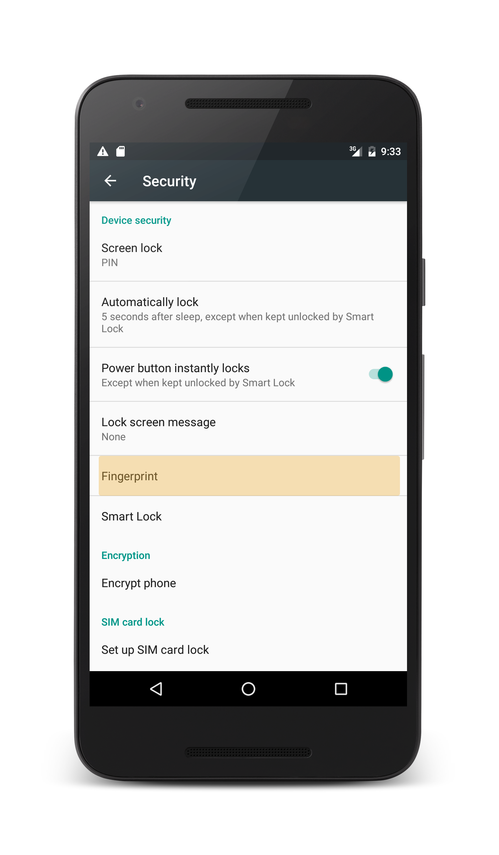 Location of the Fingerprint selection on the Security screen