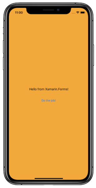 Zrzut ekranu przedstawia komunikat Hello from Xamarin dot Forms na urządzeniu przenośnym.