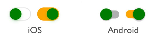 Zrzut ekranu przedstawiający przełączniki w stanach włączania i wyłączania w systemach iOS i Android ze zmienionymi kolorami.