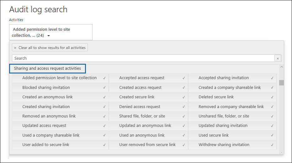 Under Activities, select Sharing and access request activities.