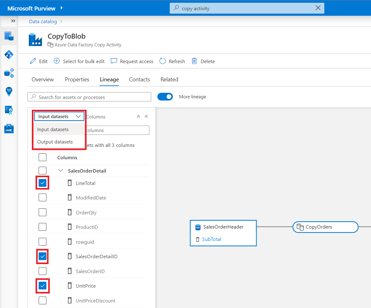 Screenshot showing columns lineage of a process node.