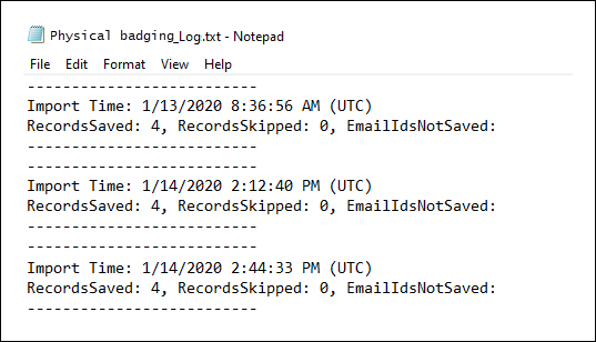 Physical badging connector log file displays number of objects from the JSON file that were uploaded.