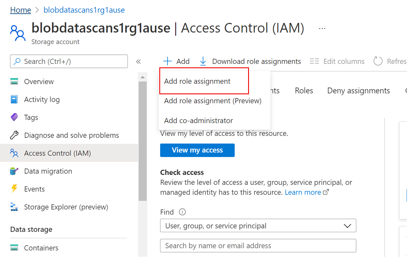 Screenshot that shows the access control for the storage account