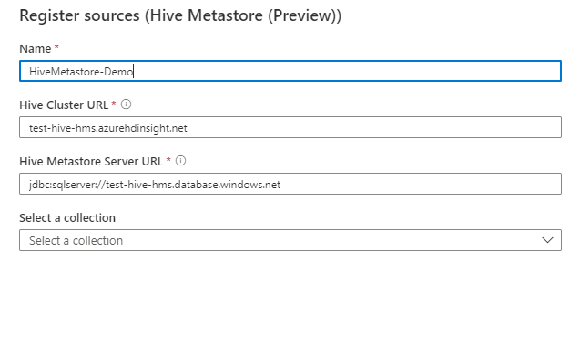 Screenshot that shows boxes for registering Hive sources.