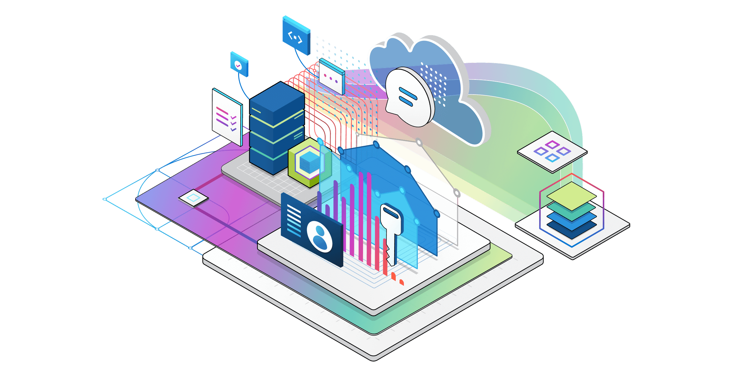 Ilustracja izometryczna składników technicznych usług platformy Azure. Chmura, serwery, klucze i okna przeglądarki.