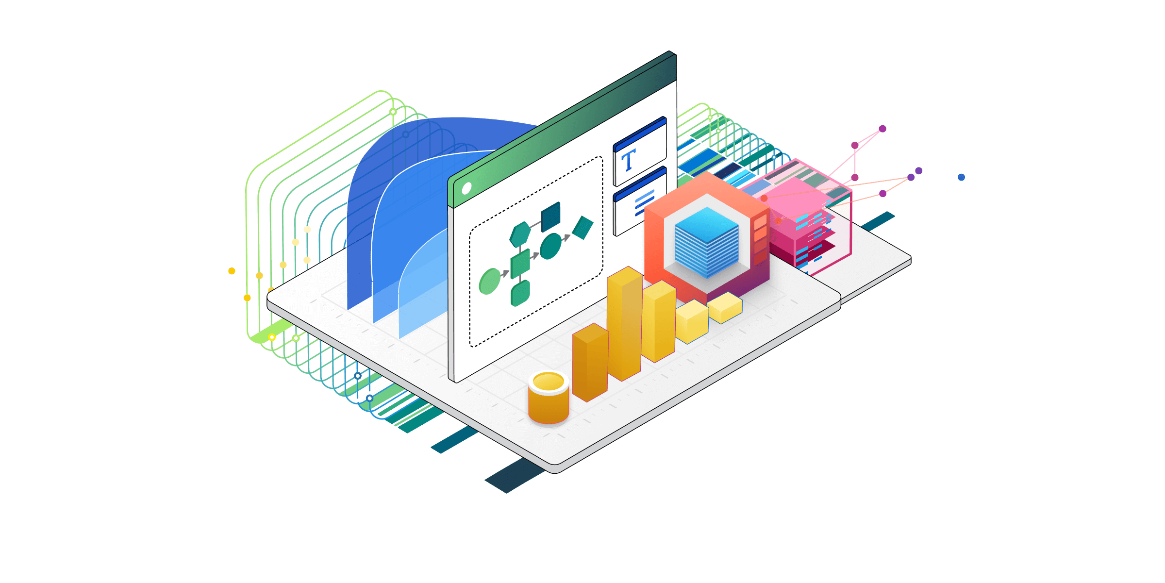 Ilustracja izometryczna składników technicznych usług Power Platform.