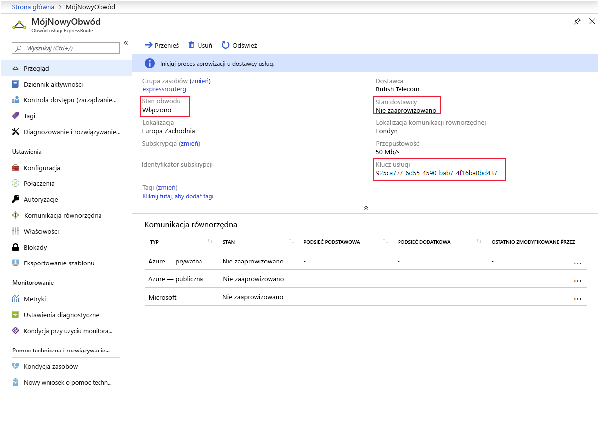 Screenshot of provisioning a circuit by using the Azure portal.