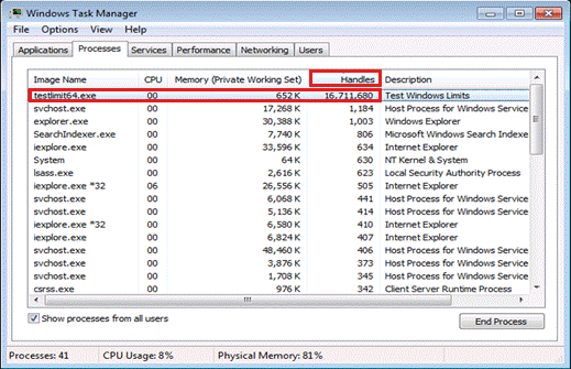 Zrzut ekranu przedstawiający kolumnę obsługi w Menedżerze zadań systemu Windows.