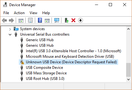 Zrzut ekranu przedstawiający Menedżer urządzeń z nieznanym urządzeniem USB.