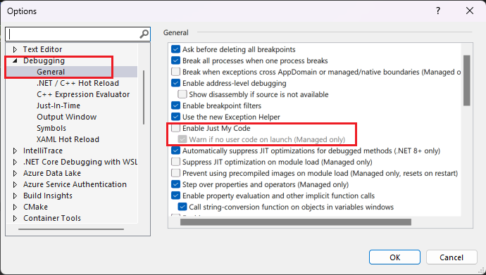 Zrzut ekranu przedstawiający ustawienia debugowania programu Visual Studio.