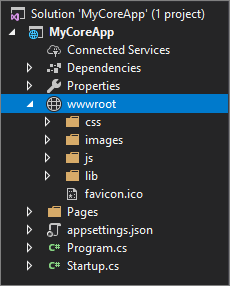 Zrzut ekranu przedstawia folder główny www wybrany w Eksploratorze rozwiązań w programie Visual Studio.