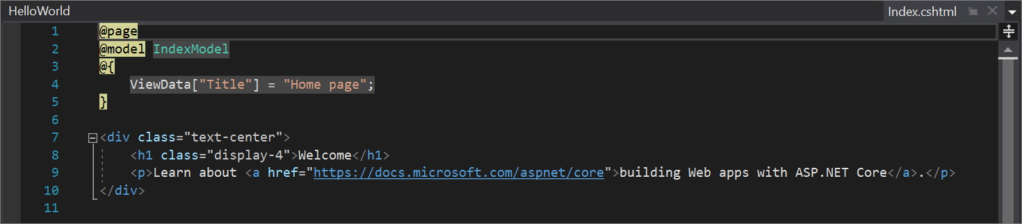 Zrzut ekranu przedstawia plik Index.cshtml dla strony głównej w edytorze kodu programu Visual Studio.