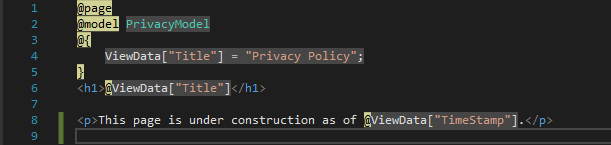 Zrzut ekranu przedstawia plik Privacy dot c s h m l otwarty w edytorze kodu programu Visual Studio ze zaktualizowanym tekstem.