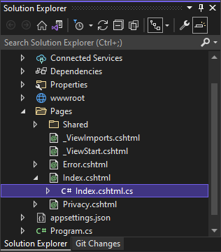 Zrzut ekranu przedstawia plik Index.cshtml wybrany w Eksploratorze rozwiązań w programie Visual Studio.