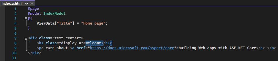 Zrzut ekranu przedstawia plik Index.cshtml strony głównej w edytorze programu Visual Studio Code.