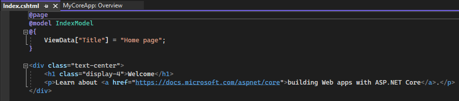 Zrzut ekranu przedstawia plik Index.cshtml otwarty w edytorze programu Visual Studio Code.