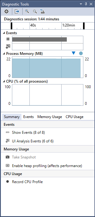 zrzut ekranu przedstawiający okno Narzędzia diagnostyczne w debugerze programu Visual Studio z osią czasu zdarzeń i wykresami użycia pamięci i procesora CPU.