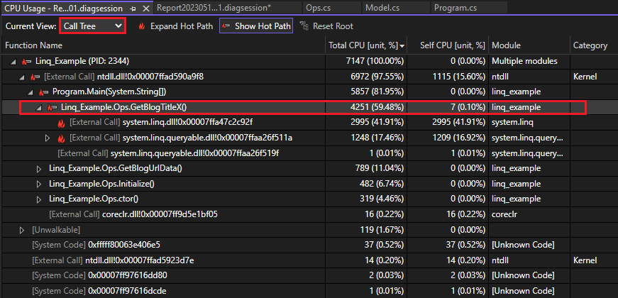 Zrzut ekranu przedstawiający widok Drzewa wywołań w narzędziu Użycie procesora CPU.