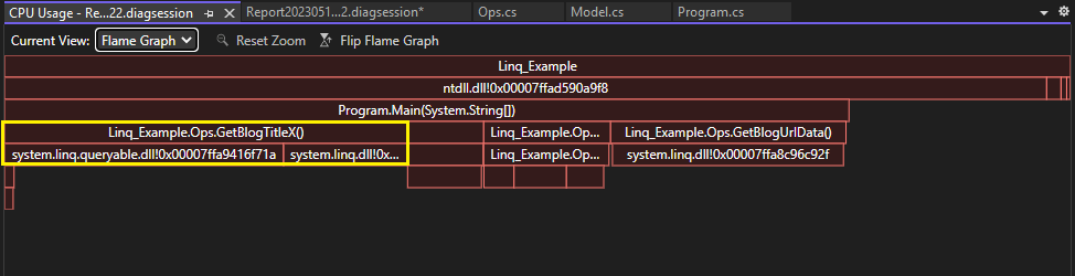 Zrzut ekranu przedstawiający ulepszone użycie procesora CPU w widoku Wykres płomienia narzędzia Użycie procesora CPU.