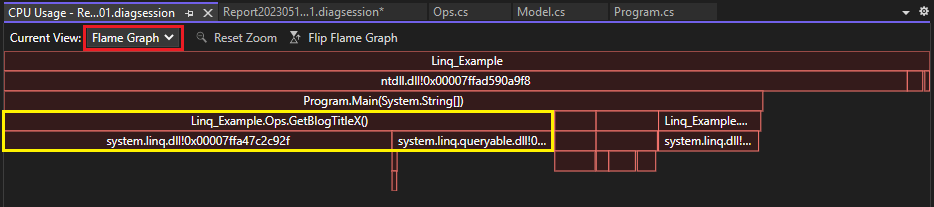 Zrzut ekranu przedstawiający widok Wykres płomienia w narzędziu Użycie procesora CPU.