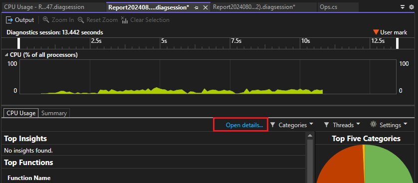 Zrzut ekranu przedstawiający otwieranie szczegółów w narzędziu Użycie procesora CPU.