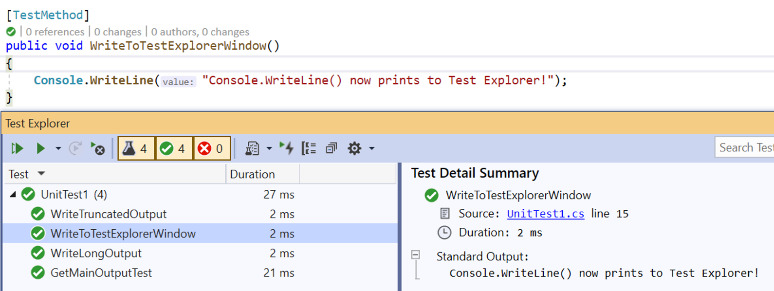 Dane wyjściowe testu obejmują element Console.Writeline