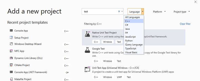 Zrzut ekranu przedstawia okno Dodawanie nowego projektu z wybranym językiem C++ w programie Visual Studio 2019.