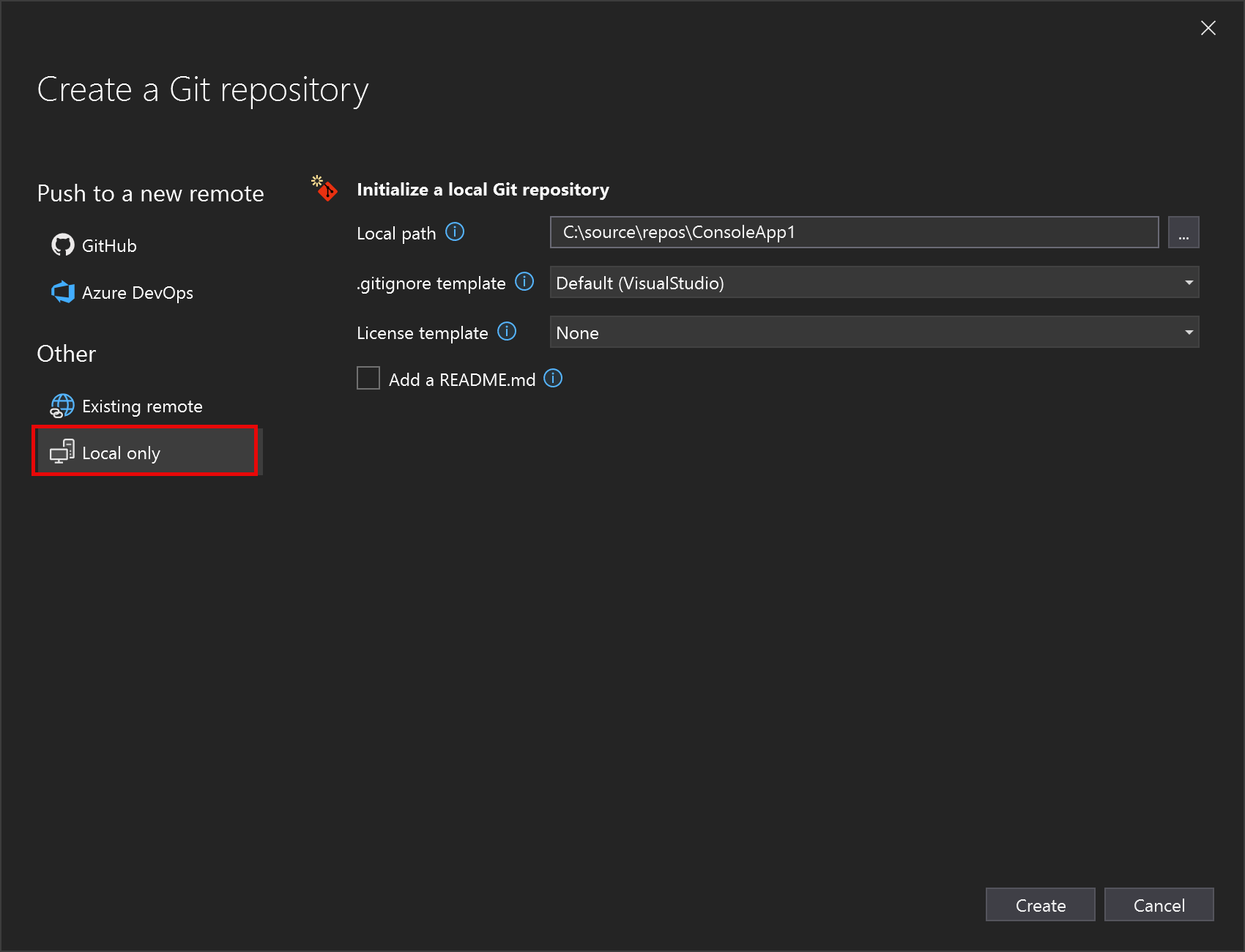 Zrzut ekranu przedstawiający ekran Tworzenie repozytorium Git z wyświetloną opcją Tylko lokalnie.