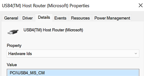 Screenshot of hardware ID for PCIe based host router.