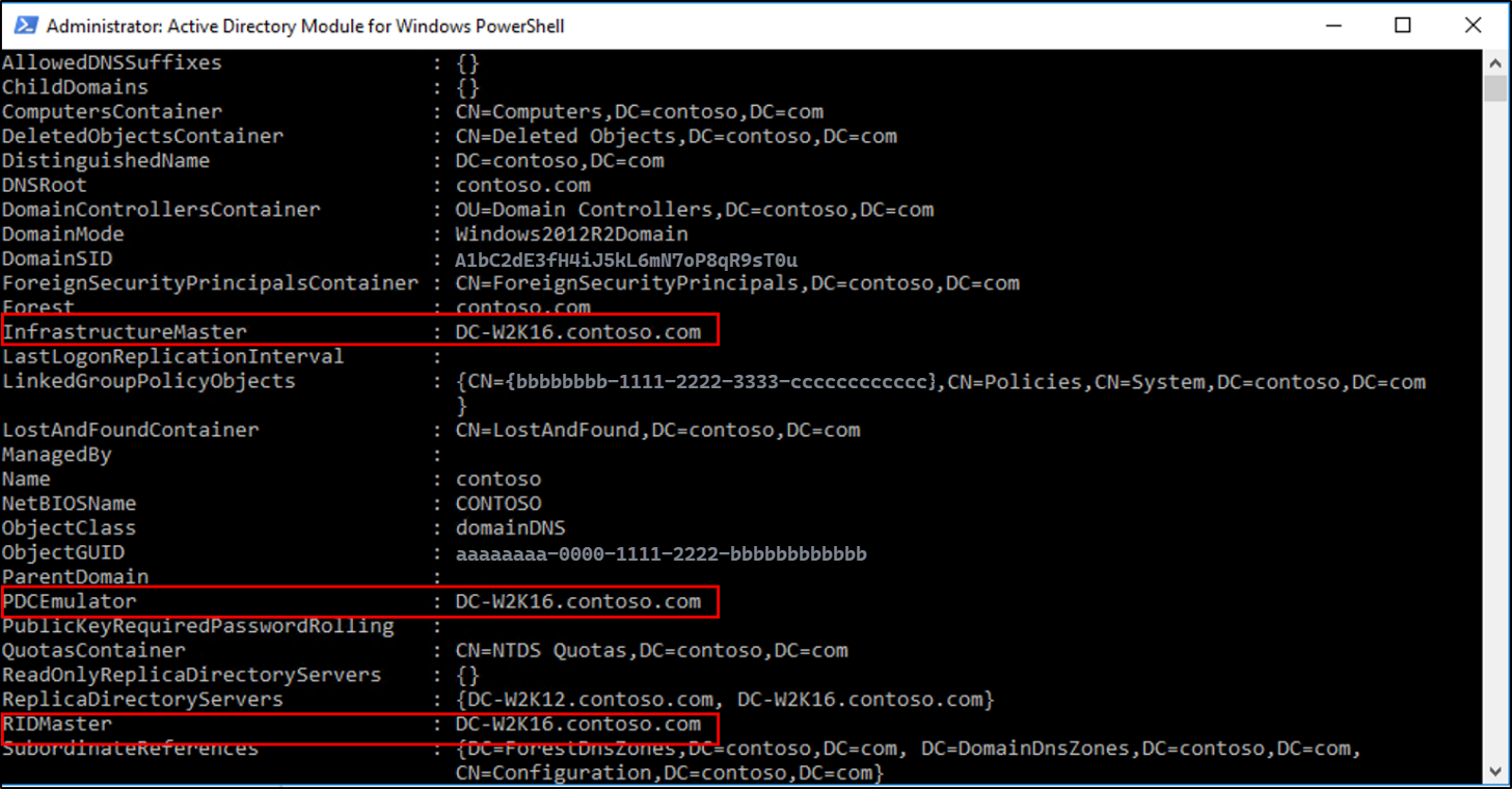 Zrzut ekranu okna modułu Active Directory dla środowiska Windows PowerShell, pokazujący wyniki polecenia cmdlet Get-ADDomain z wywołanymi wartościami wzorca infrastruktury, emulatora P D C i wzorca R I D.