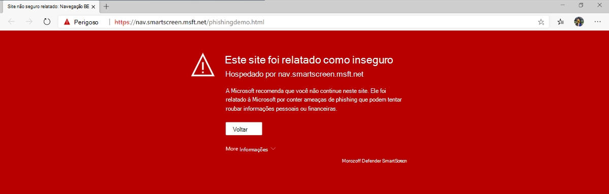 Página de bloqueio do Microsoft Defender SmartScreen para um link para site externo