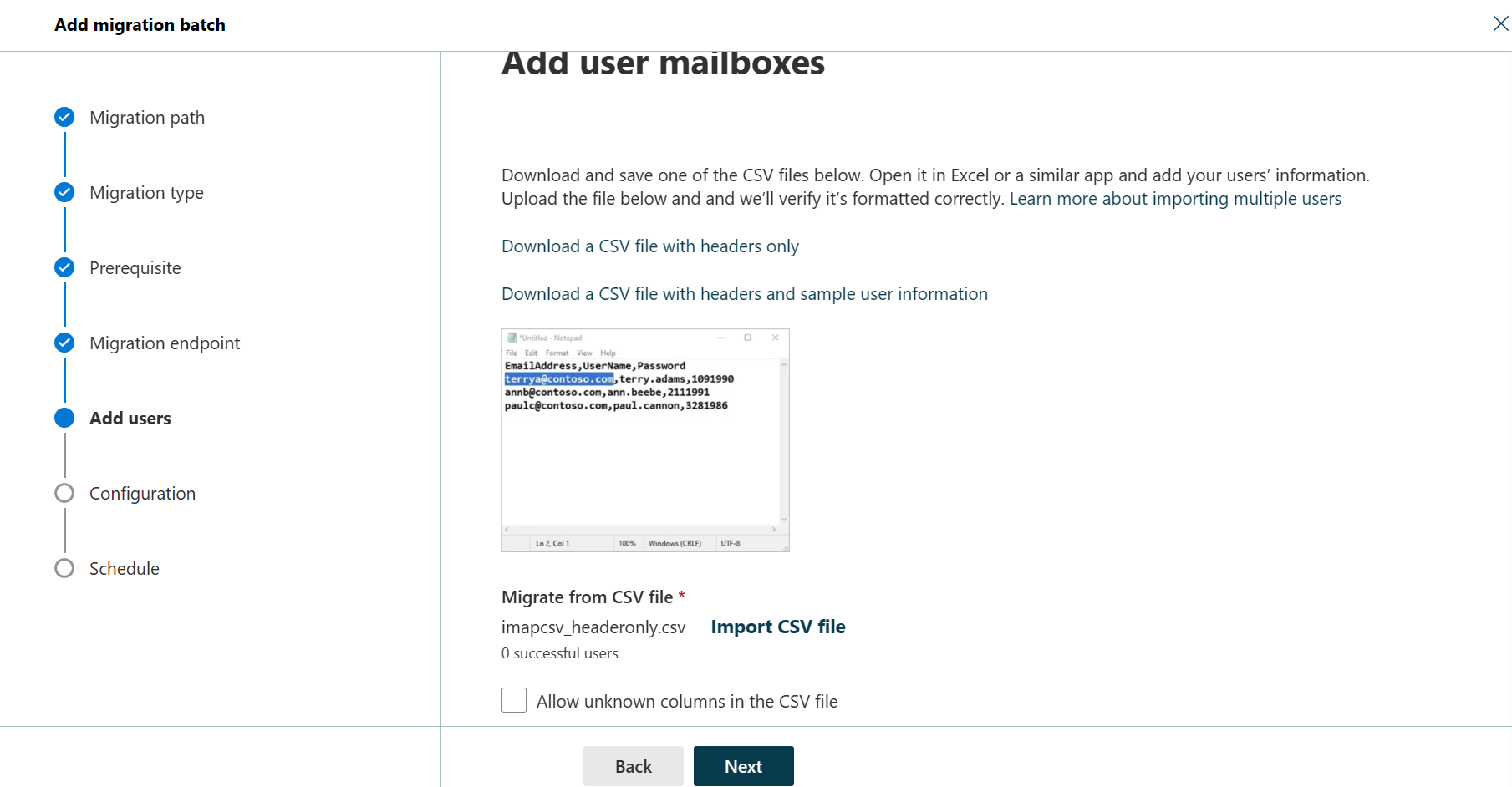 Captura de ecrã do quinto passo do assistente Adicionar lote de migração onde o utilizador pode adicionar caixas de correio de utilizador.