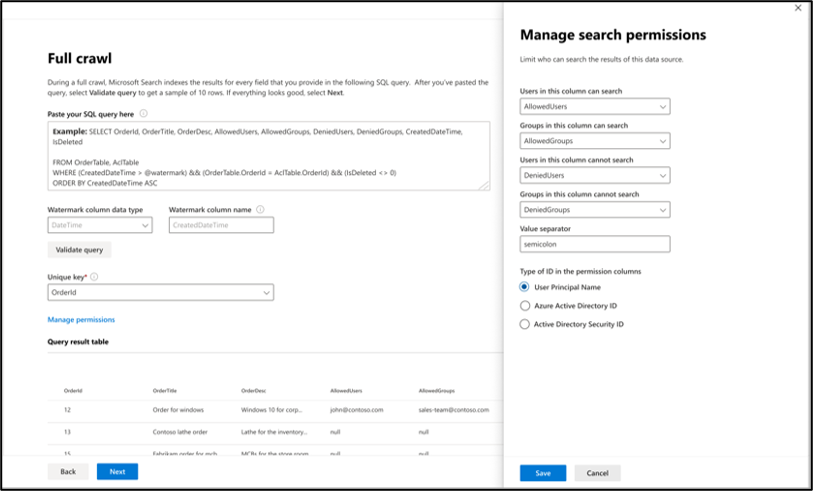 Definições de permissão de pesquisa para configurar listas de controlo de acesso.