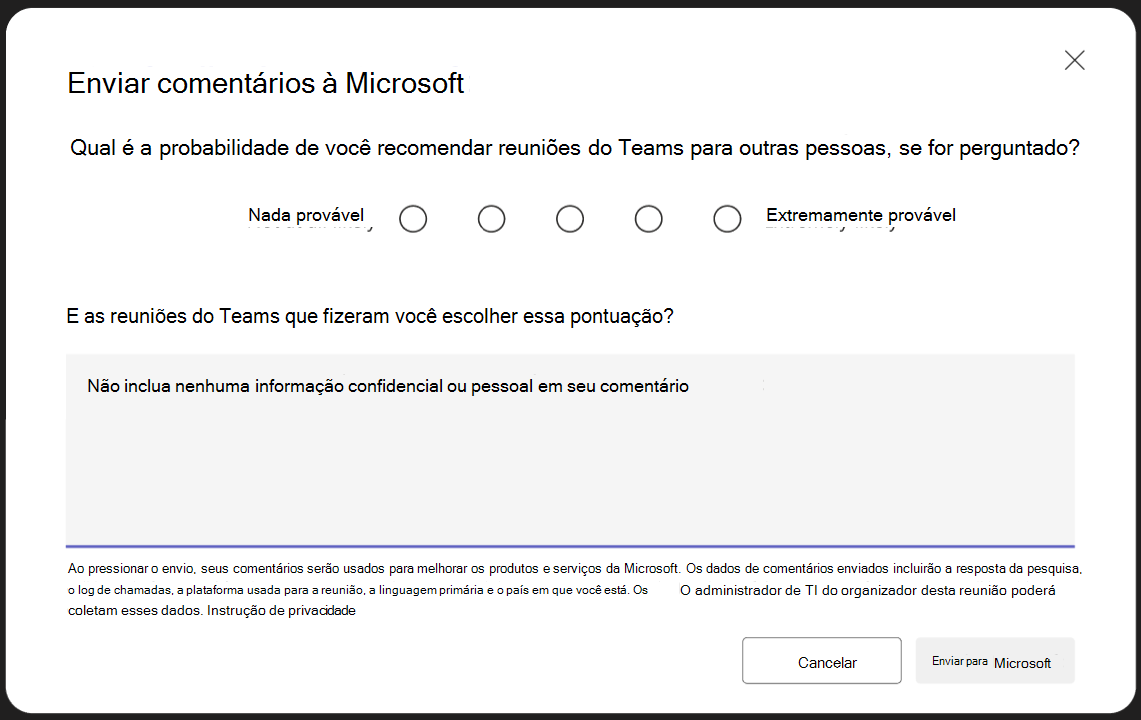 Captura de tela de uma pesquisa que os participantes anônimos da reunião recebem para fornecer comentários sobre sua experiência de reunião do Teams.