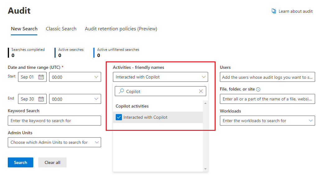 Opções de auditoria para identificar as interações do utilizador com o Copilot.