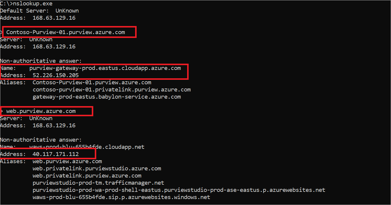Captura de ecrã que mostra a resolução de nomes do Microsoft Purview de fora da CorpNet.