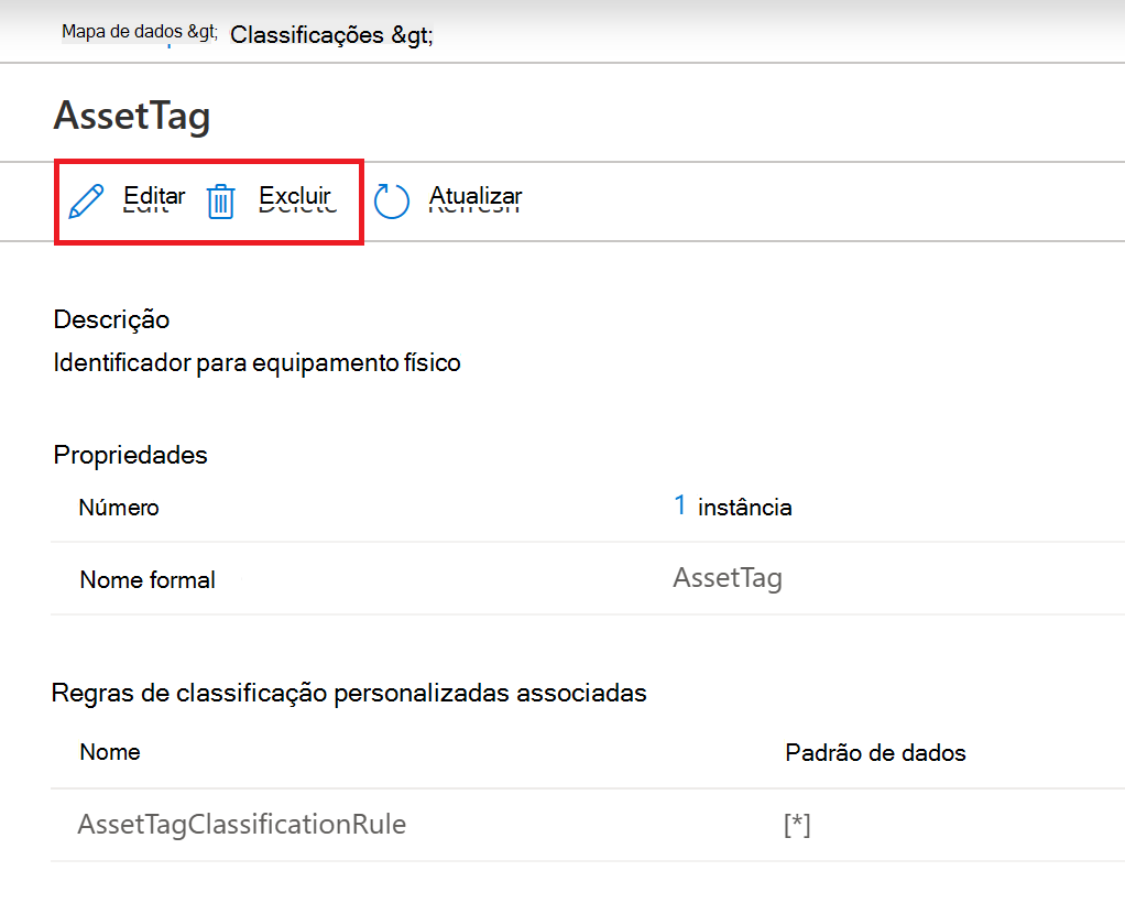 Captura de ecrã a mostrar uma página de recursos de classificação personalizada, com os botões editar e eliminar realçados na parte superior da página.