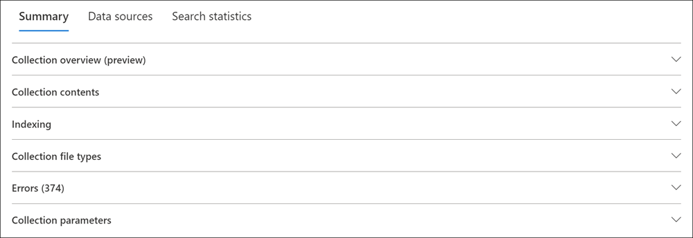 Separadores na página de lista de opções da coleção consolidada.